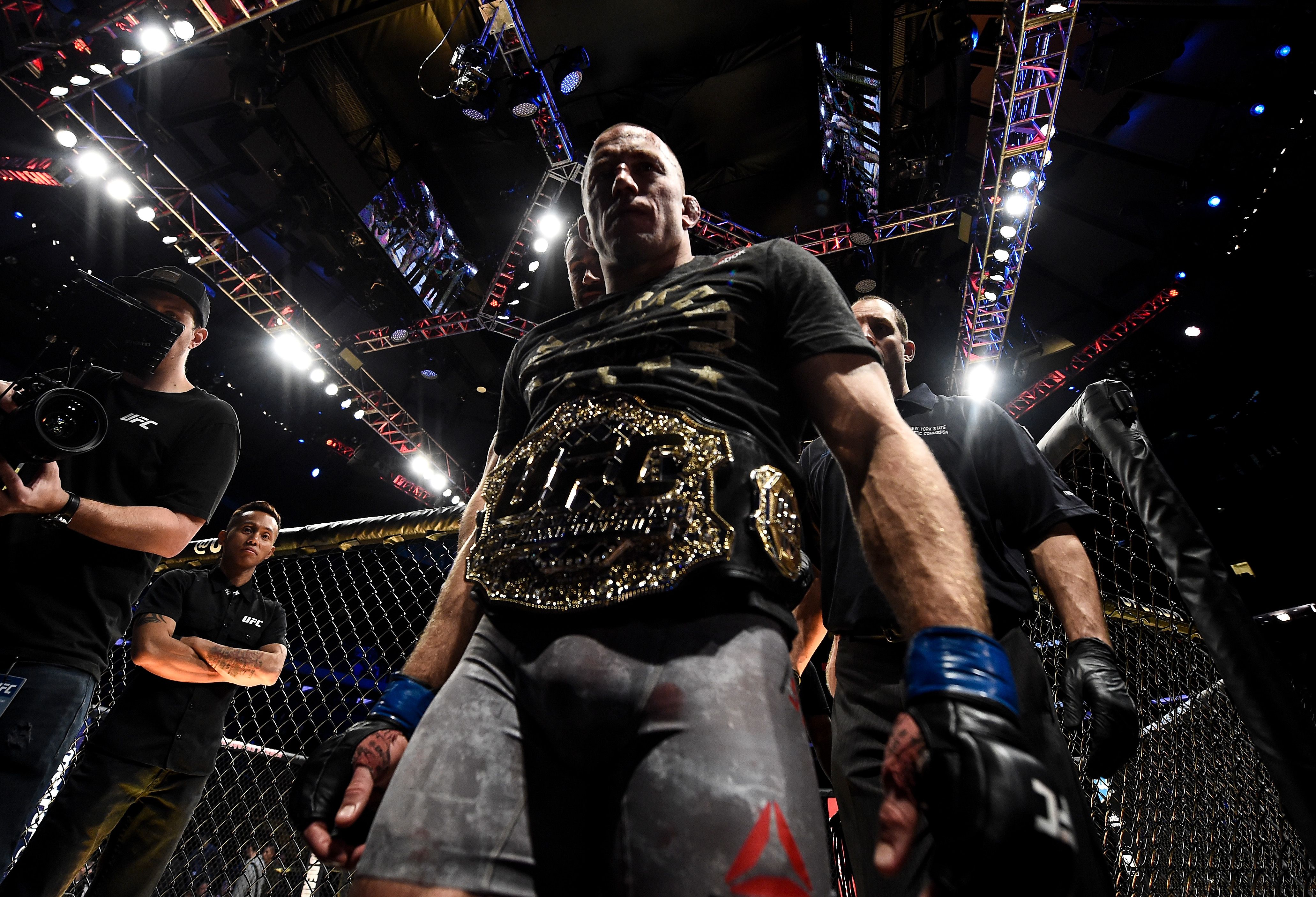 Georges St-Pierre of Canada celebrates his submission victory