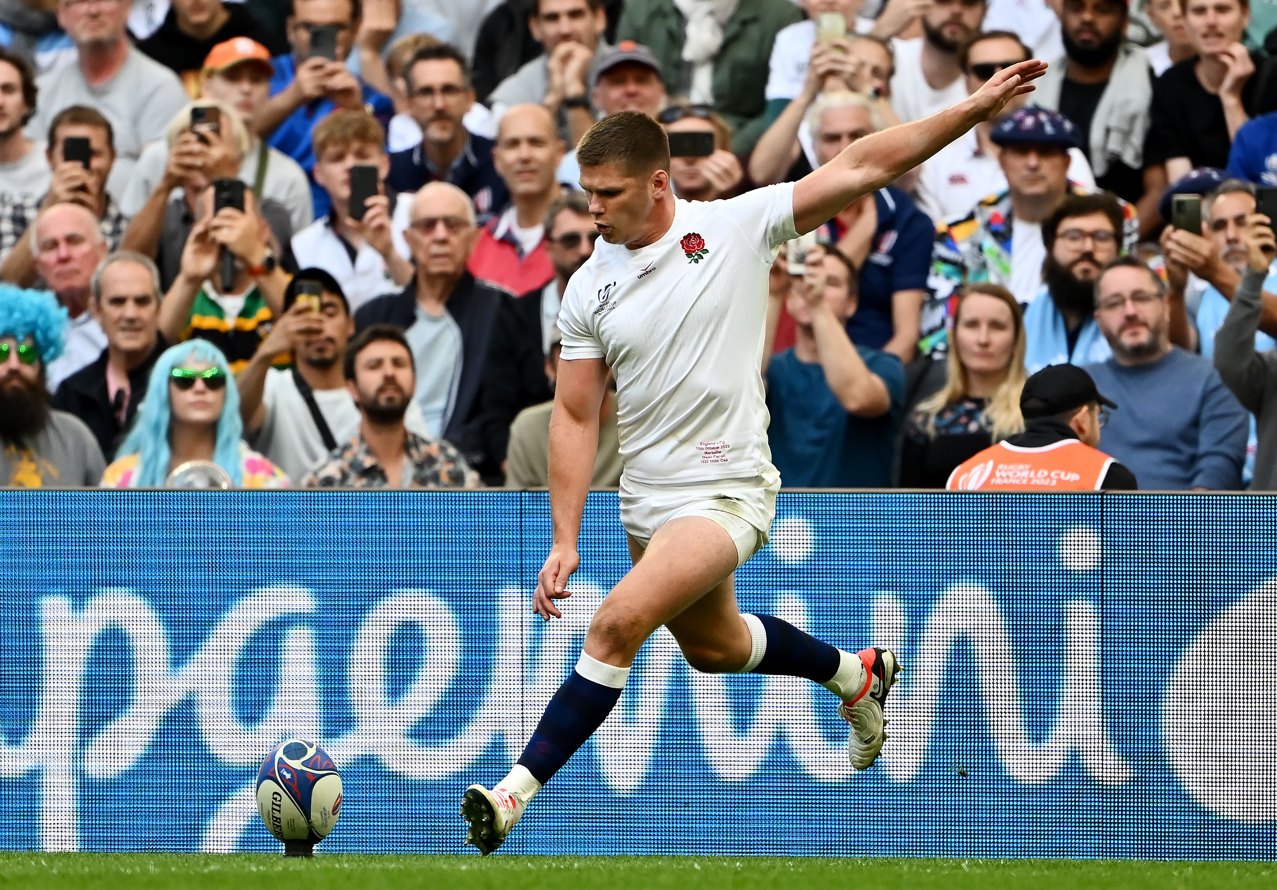 Owen Farrell of England kicks their team's first conversion during the Rugby World Cup France