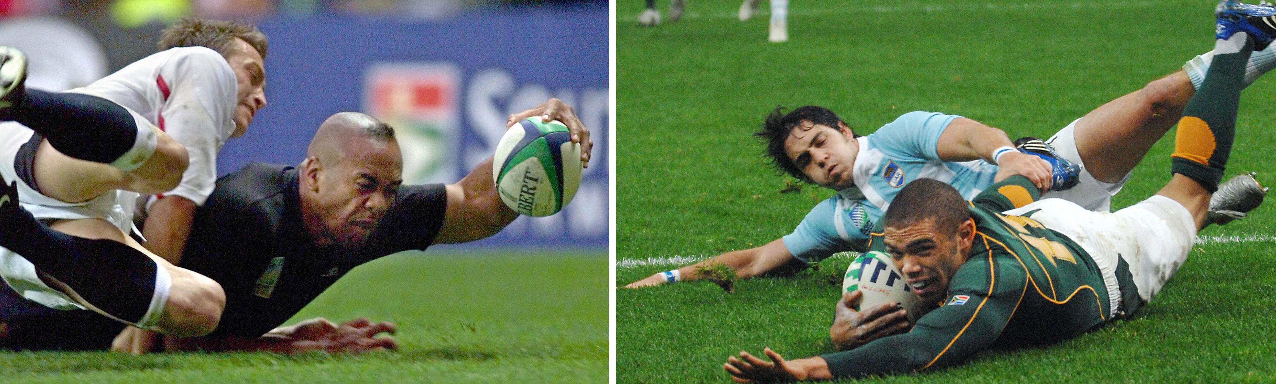 Combo of two pictures showing New Zealand's winger Jonah Lomu (L)