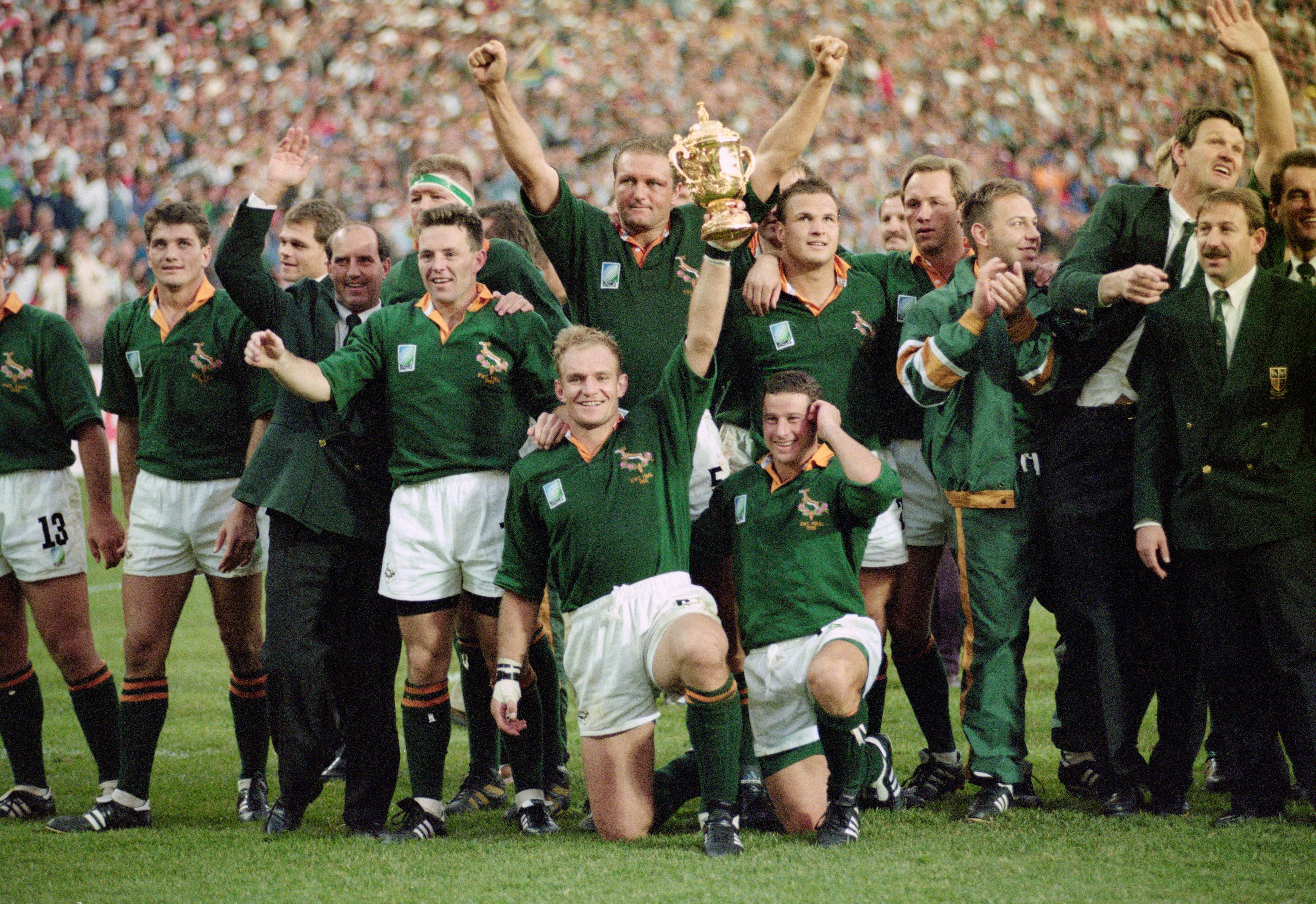 South Africa captain Francois Pienaar holds aloft the Webb Ellis trophy